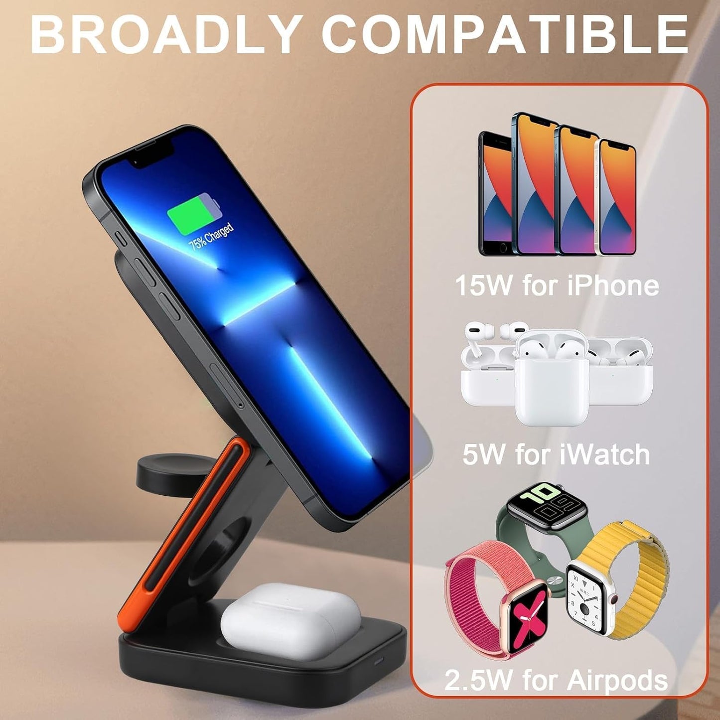 3-En-1 Chargeur Sans Fil Pliable 15W Compatible Avec Iphone 17/16/15 Watch