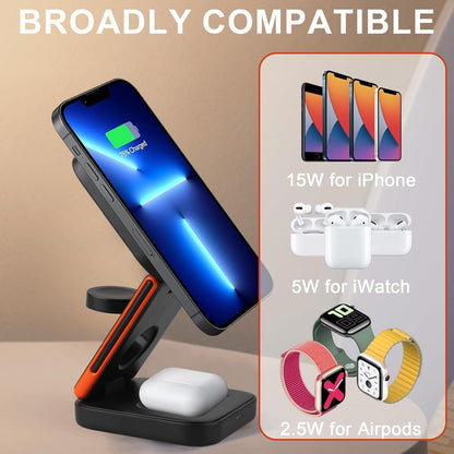 3-En-1 Chargeur Sans Fil Pliable 15W Compatible Avec Iphone 17/16/15 Watch