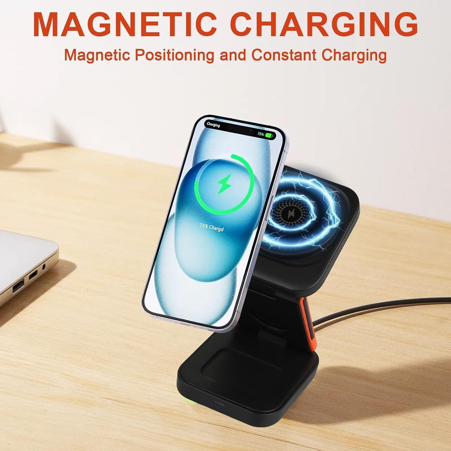 3-En-1 Chargeur Sans Fil Pliable 15W Compatible Avec Iphone 17/16/15 Watch