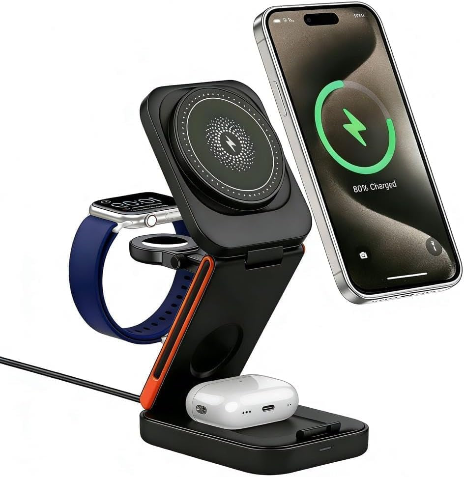 3-En-1 Chargeur Sans Fil Pliable 15W Compatible Avec Iphone 17/16/15 Watch