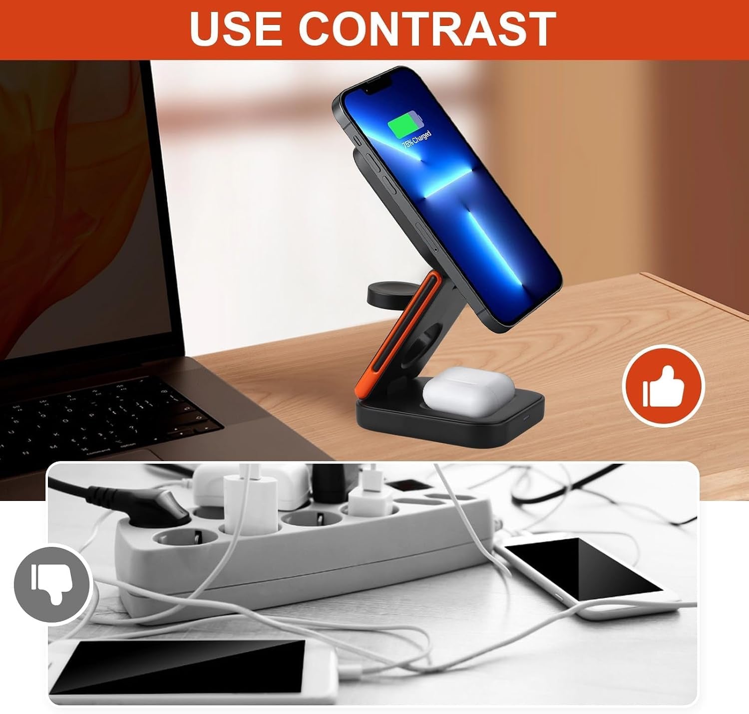3-En-1 Chargeur Sans Fil Pliable 15W Compatible Avec Iphone 17/16/15 Watch